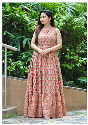 dhruvfashion Anarkali Gown(Beige)
