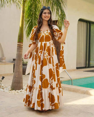 VIMURA FASHION Flared/A-line Gown(Yellow, White)