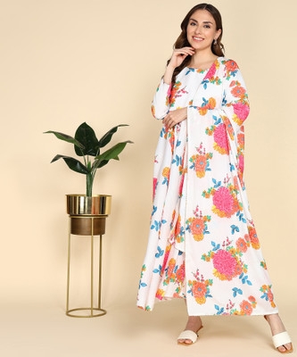 Jash Creation Women Fit and Flare White Maxi/Full Length Dress