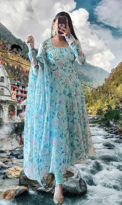 KRISHIVA EXPORT Anarkali Gown(Blue, Multicolor)