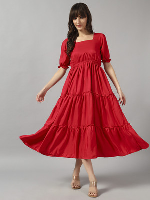 Jash Creation Women Fit and Flare Pink Maxi/Full Length Dress