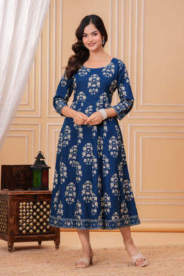 Tejal Exports Women Floral Print, Block Print Anarkali Kurta(Dark Blue)
