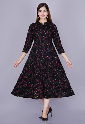 GITAFABRICS Women Printed Anarkali Kurta(Black)