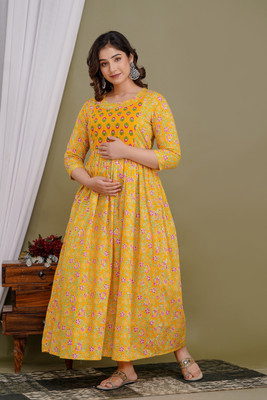 GUNINI Women Printed Anarkali Kurta(Yellow, Green)