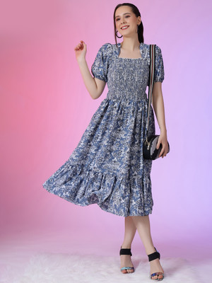 Krunal Raiyani Women Fit and Flare Blue Midi/Calf Length Dress