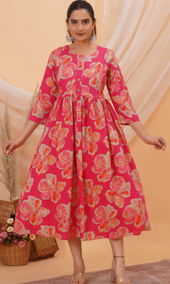 HARIOMCOLLECTIO Women Floral Print Gown Kurta(Gold)