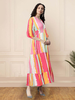 Krunal Raiyani Women Fit and Flare Pink Maxi/Full Length Dress