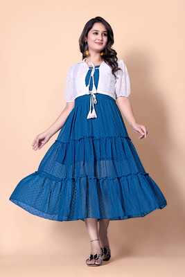 S R CREATION Flared/A-line Gown(Blue)