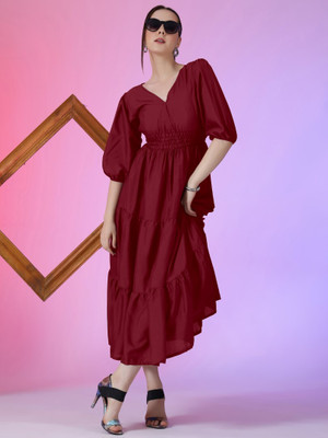 Raiyani Enterprise Women Fit and Flare Maroon Maxi/Full Length Dress