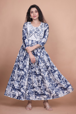 DURADERO Women Fit and Flare Blue Maxi/Full Length Dress
