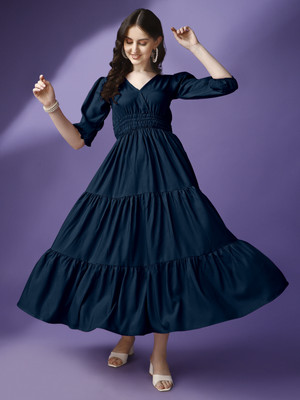 Jash Creation Women Fit and Flare Blue Maxi/Full Length Dress
