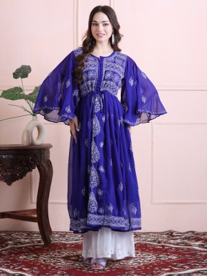 FIIZA Women Embroidered, Chikan Embroidery Gown Kurta(Blue)