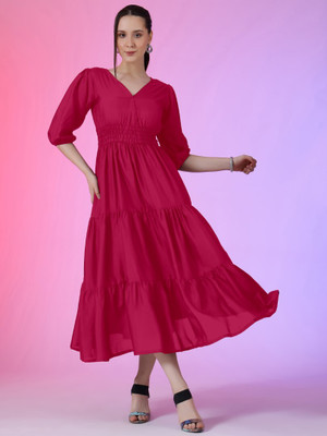 Jash Creation Women Fit and Flare Pink Maxi/Full Length Dress