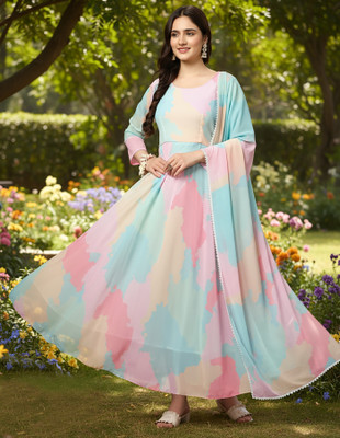 Kedar Fab Anarkali Gown(Multicolor, Light Blue, Pink)
