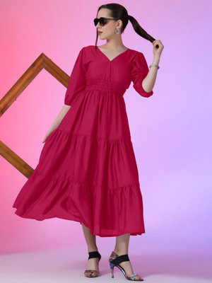 Jash Creation Women Fit and Flare Red Maxi/Full Length Dress