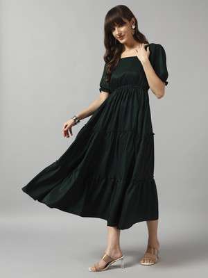 Jash Creation Women Fit and Flare Green Maxi/Full Length Dress