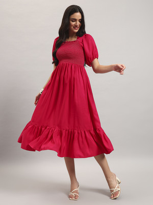 Jash Creation Women Fit and Flare Pink Ankle Length Dress