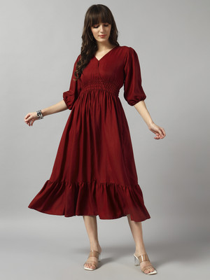 Krunal Raiyani Women Fit and Flare Maroon Midi/Calf Length Dress