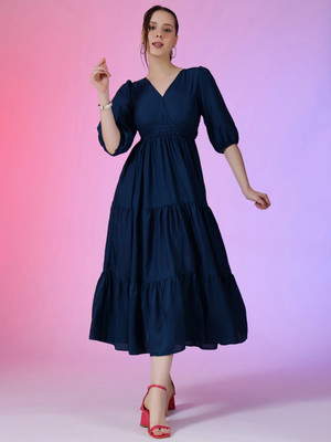Jash Creation Women Fit and Flare Blue Maxi/Full Length Dress