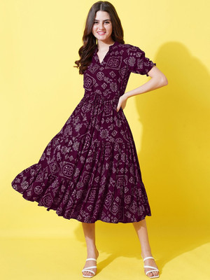 Krunal Raiyani Women Fit and Flare Purple Midi/Calf Length Dress
