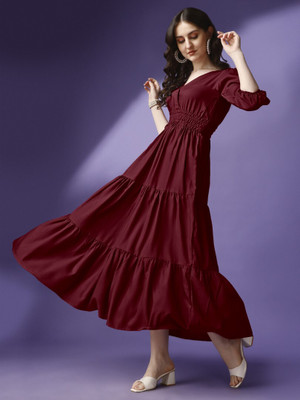 Jash Creation Women Fit and Flare Maroon Maxi/Full Length Dress