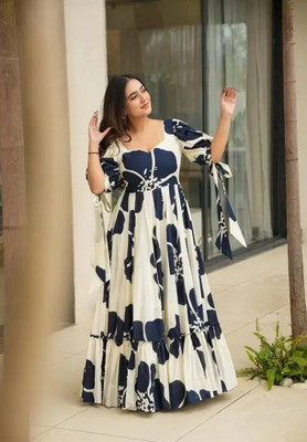 Pramukh Darshan Export Anarkali Gown(White, Blue)