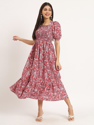 Jash Creation Women Fit and Flare Pink Midi/Calf Length Dress