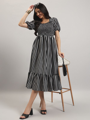 Jash Creation Women Fit and Flare Black, White Ankle Length Dress