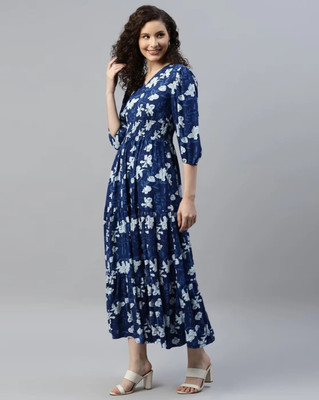 Jash Creation Women Fit and Flare Blue Maxi/Full Length Dress