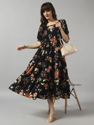 Krunal Raiyani Women Fit and Flare Multicolor Midi/Calf Length Dress