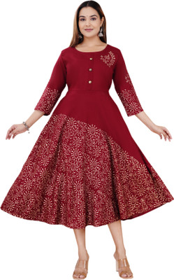 MORAA Women Printed Flared Kurta(Maroon)