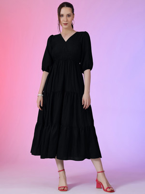 Jash Creation Women Fit and Flare Black Midi/Calf Length Dress