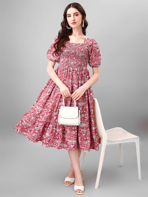 Jash Creation Women Fit and Flare Pink Midi/Calf Length Dress