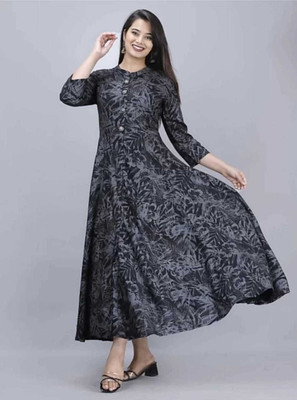 JIYANSH Women Printed Anarkali Kurta(Black, Grey)