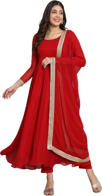Cherry Red Georgette Gota Anarkali. Full Stitched, Round Neck Full Sleeves  - As Gorwal Anarkali Gown(Red)