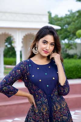 jaipurite Women Printed Anarkali Kurta(Dark Blue)