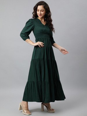 Jash Creation Women Fit and Flare Green Maxi/Full Length Dress