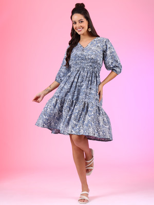 Jash Creation Women Fit and Flare Light Blue Above Knee/Mid Thigh Length Dress