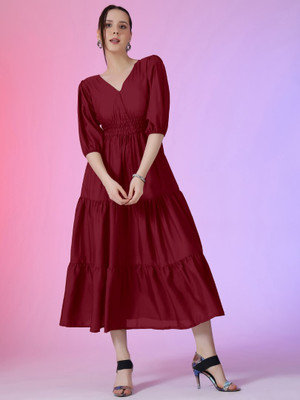 Jash Creation Women Fit and Flare Maroon Midi/Calf Length Dress