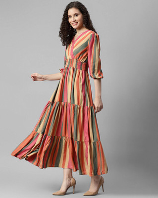 Jash Creation Women Fit and Flare Multicolor Maxi/Full Length Dress