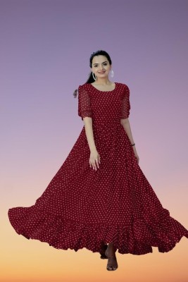 Prime Poster Flared/A-line Gown(Maroon, White)