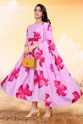 Krunal Raiyani Women Fit and Flare Pink Ankle Length Dress