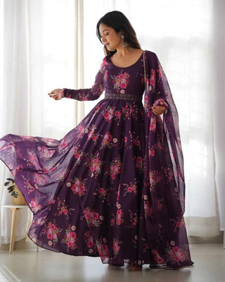 hanumant handwork Flared/A-line Gown(Purple, Pink)