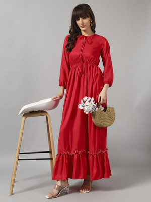 Jash Creation Women Fit and Flare Pink Midi/Calf Length Dress