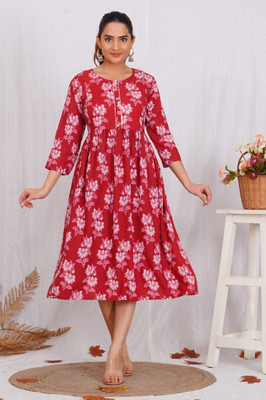 HARIOMCOLLECTIO Women Floral Print Gown Kurta(Red)