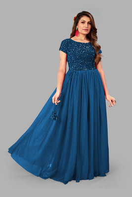 HouseOfCommon Flared/A-line Gown(Dark Blue, Silver)