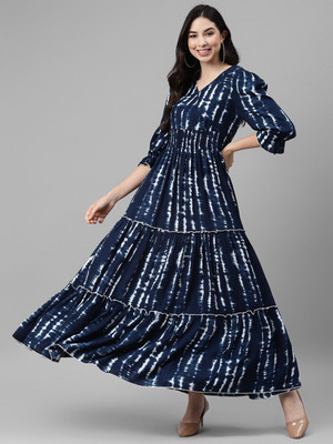 Krunal Raiyani Women Fit and Flare Blue Maxi/Full Length Dress