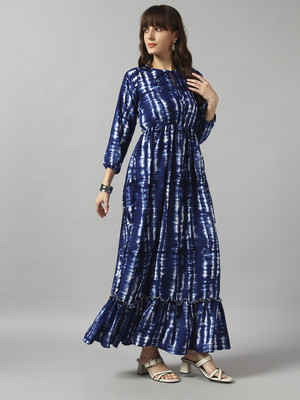 Krunal Raiyani Women Fit and Flare Blue Maxi/Full Length Dress