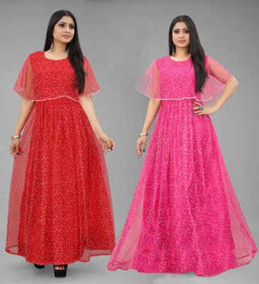 DECOFIN Flared/A-line Gown(Red, Pink)