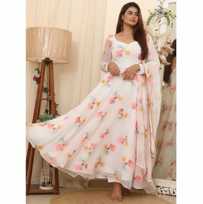 JS CREATIVE Anarkali Gown(White)